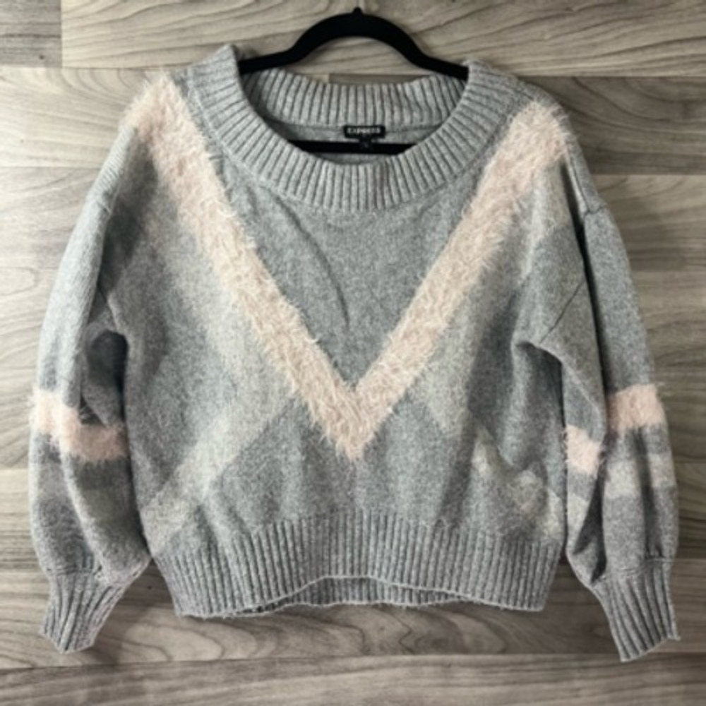 Express Pullover Sweater Womens XS Gray Long Sleeve Scoop Neck Tight Knit Retro‎